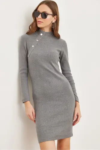 Women's Smoked Metal Button Detailed Fleece Lined Mini Flexible - 3