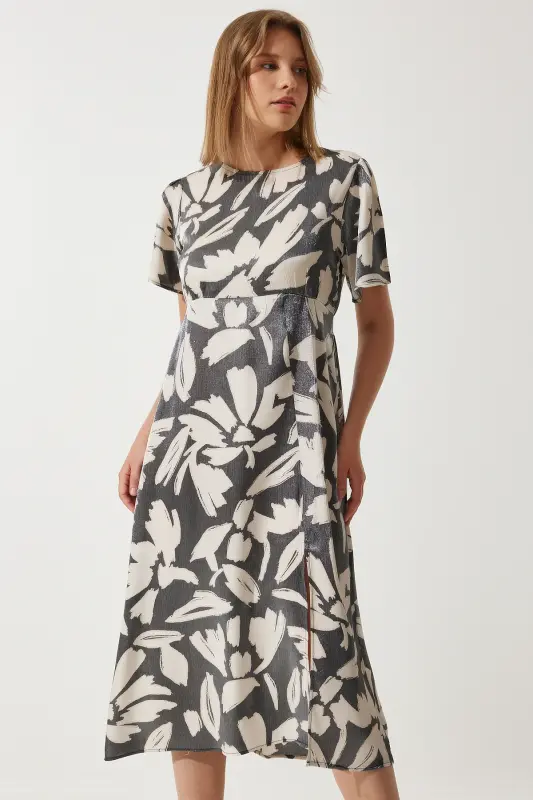 Women's Smoked Patterned Satin Surface Slit Summer Dress CR00430-Smoked - 3