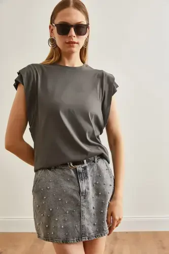 Women's Smoked Sleeve Detailed Cotton T-Shirt TSH-19000819-F - 3