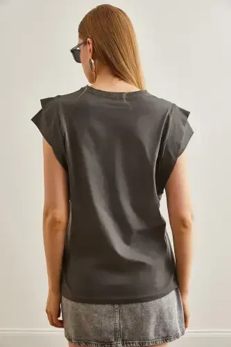 Women's Smoked Sleeve Detailed Cotton T-Shirt TSH-19000819-F - 6