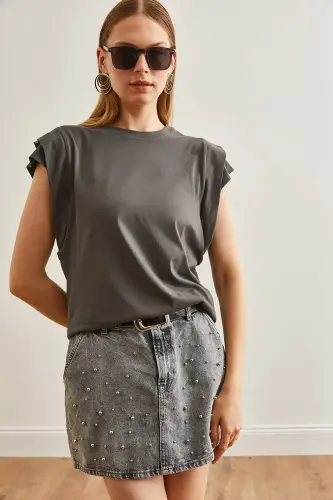 Women's Smoked Sleeve Detailed Cotton T-Shirt TSH-19000819-F - 4
