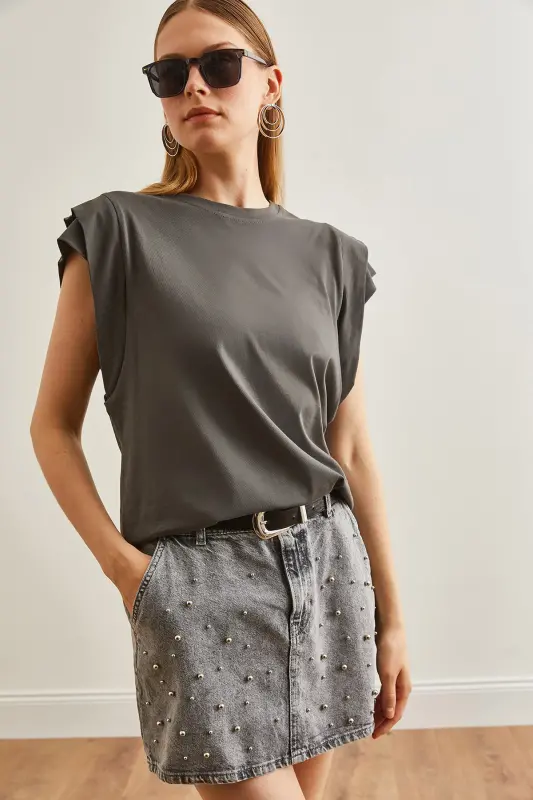 Women's Smoked Sleeve Detailed Cotton T-Shirt TSH-19000819-F - 5