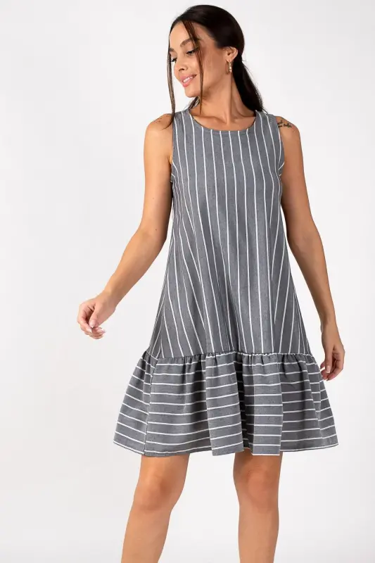 Women's Smoked Sleeveless Ruffled Striped Dress ARM-19Y001101-SMOKE - ARMONIKA