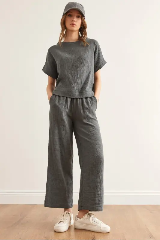 Women's Smoked Top Blouse Bottom Pants Muslin Set TKM- - 1