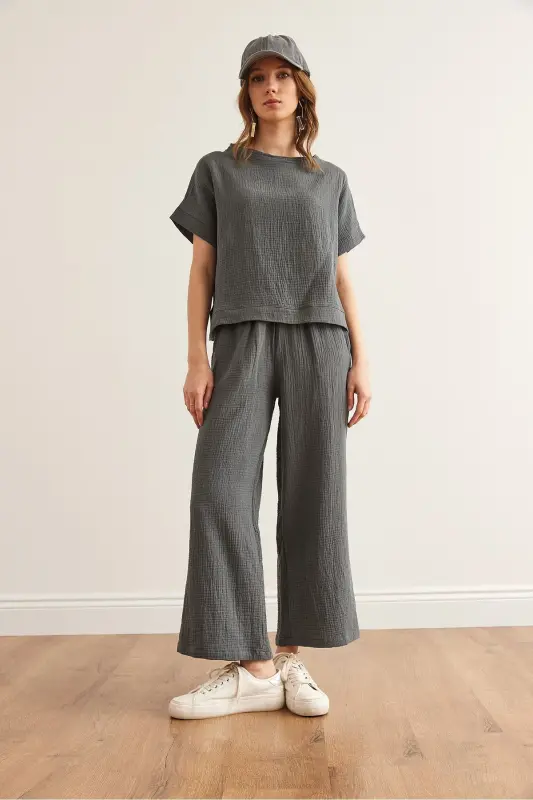 Women's Smoked Top Blouse Bottom Pants Muslin Set TKM- - 2