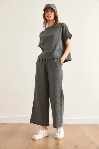 Women's Smoked Top Blouse Bottom Pants Muslin Set TKM- - 5