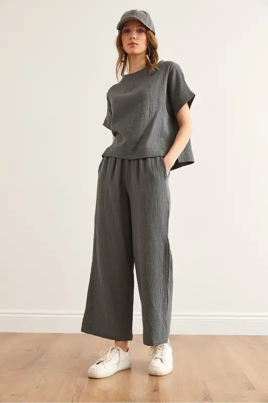 Women's Smoked Top Blouse Bottom Pants Muslin Set TKM- - 5