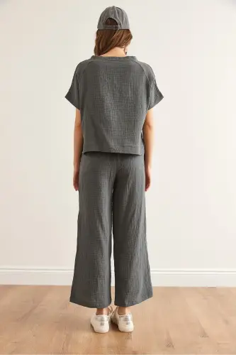 Women's Smoked Top Blouse Bottom Pants Muslin Set TKM- - 7