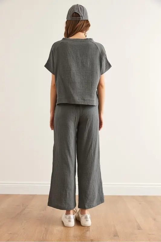 Women's Smoked Top Blouse Bottom Pants Muslin Set TKM- - 7