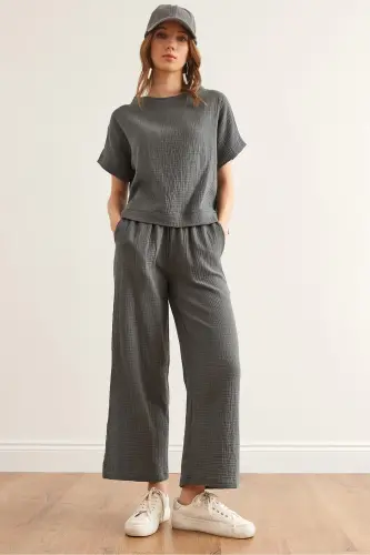 Women's Smoked Top Blouse Bottom Pants Muslin Set TKM- - 1
