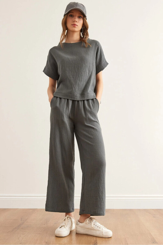 Women's Smoked Top Blouse Bottom Pants Muslin Set TKM- - OLALOOK