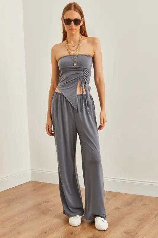 Women's Smoked Top Strapless Asymmetric Blouse Bottom Palazzo - 1