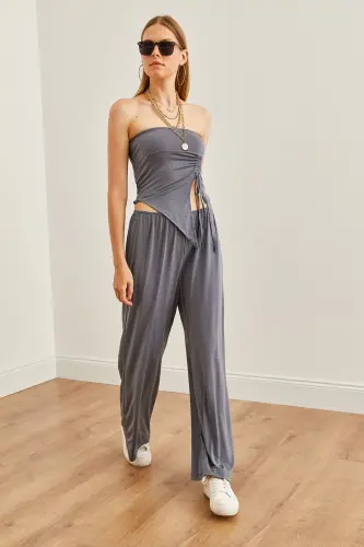 Women's Smoked Top Strapless Asymmetric Blouse Bottom Palazzo - 3
