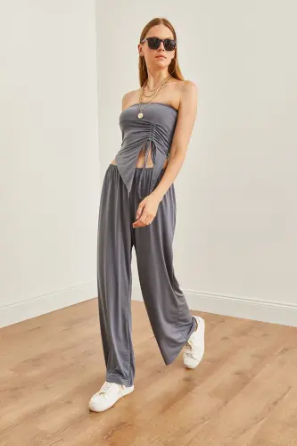 Women's Smoked Top Strapless Asymmetric Blouse Bottom Palazzo - 5