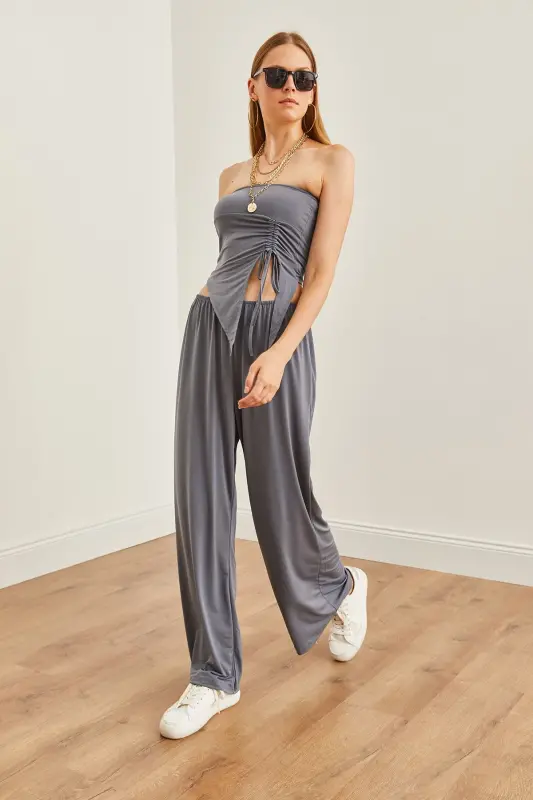 Women's Smoked Top Strapless Asymmetric Blouse Bottom Palazzo - 5