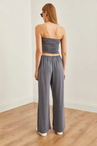 Women's Smoked Top Strapless Asymmetric Blouse Bottom Palazzo - 6