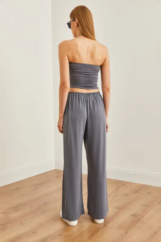 Women's Smoked Top Strapless Asymmetric Blouse Bottom Palazzo - 6