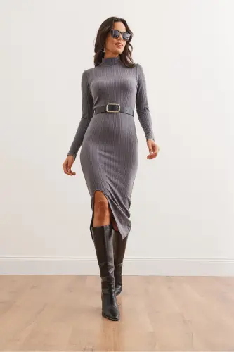 Women's Smoked Turtleneck Belted Slit Knitted Mi - 3