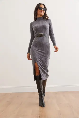 Women's Smoked Turtleneck Belted Slit Knitted Mi - 4