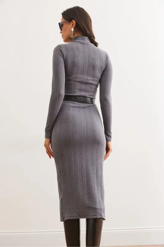 Women's Smoked Turtleneck Belted Slit Knitted Mi - 6