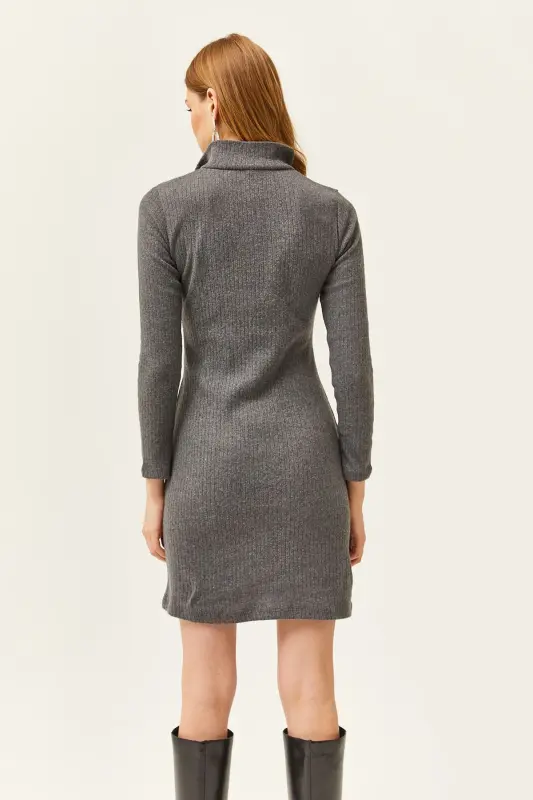 Women's Smoked Turtleneck Zippered Thick Ribbed Mini Dress ELB-19002022-Smoked - 2