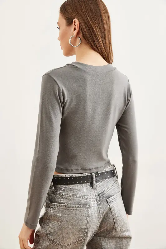 Women's Smoked V-Neck Soft Touch Flexible Blouse BLZ-19002767-Smoked - 5