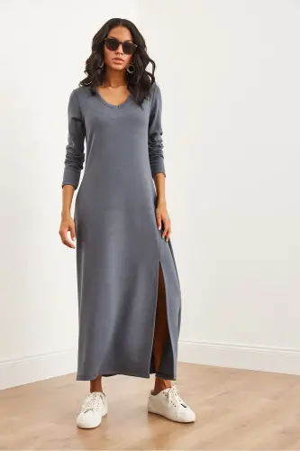 Women's Smoked V-Neck Three-Quarter Sleeve Slit Modal Tush - OLALOOK (1)