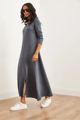 Women's Smoked V-Neck Three-Quarter Sleeve Slit Modal Tush - 3