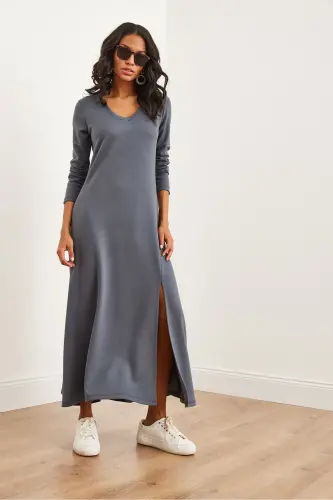 Women's Smoked V-Neck Three-Quarter Sleeve Slit Modal Tush - 4