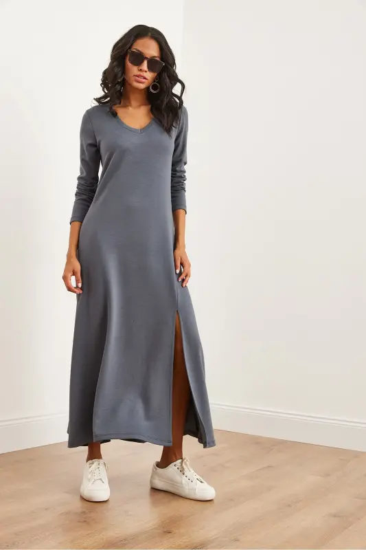 Women's Smoked V-Neck Three-Quarter Sleeve Slit Modal Tush - 4