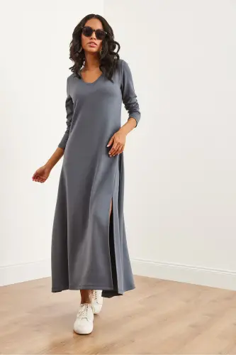 Women's Smoked V-Neck Three-Quarter Sleeve Slit Modal Tush - 5