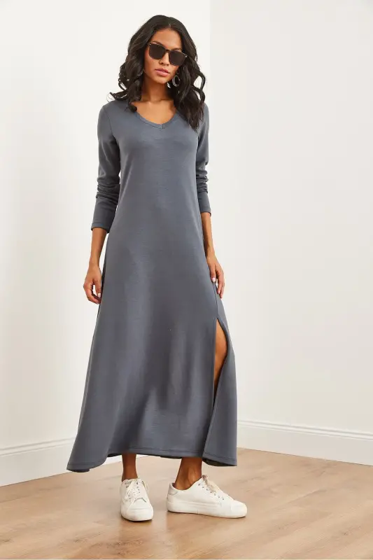 Women's Smoked V-Neck Three-Quarter Sleeve Slit Modal Tush - 6