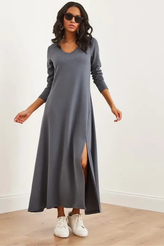 Women's Smoked V-Neck Three-Quarter Sleeve Slit Modal Tush - 9
