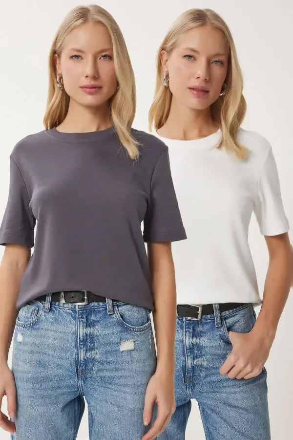 Women's Smoked White 2 Pack Cotton Basic Knitted T-Shirt AG00002 - 1