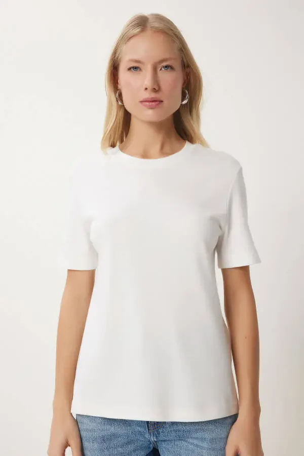 Women's Smoked White 2 Pack Cotton Basic Knitted T-Shirt AG00002 - 7