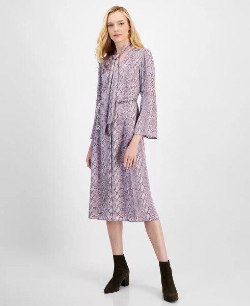 Women's Snake-Print Bell-Sleeve Midi Dress with Chain Belt Sweet Lilac - 1