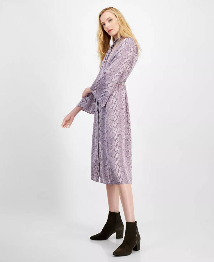 Women's Snake-Print Bell-Sleeve Midi Dress with Chain Belt Sweet Lilac - 2