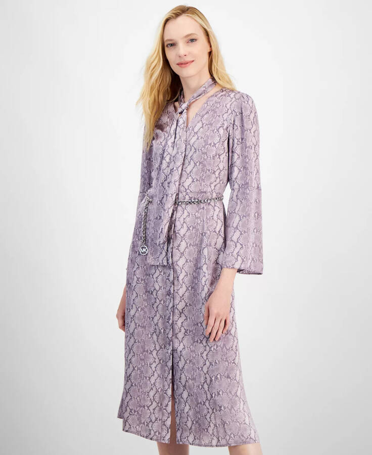 Women's Snake-Print Bell-Sleeve Midi Dress with Chain Belt Sweet Lilac - 3