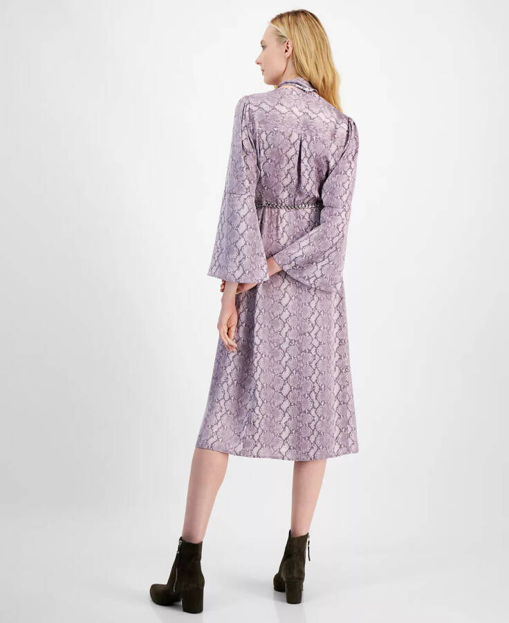 Women's Snake-Print Bell-Sleeve Midi Dress with Chain Belt Sweet Lilac - 4