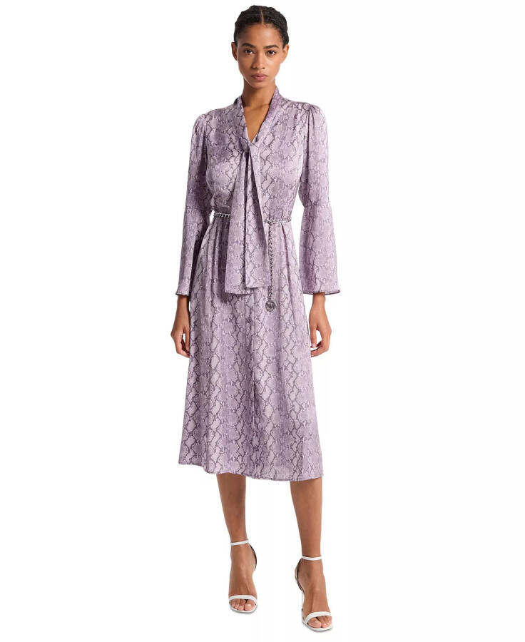 Women's Snake-Print Bell-Sleeve Midi Dress with Chain Belt Sweet Lilac - 5