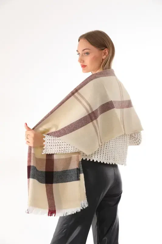 Women's Soft Textured Beige-Burgundy Plaid Scarf-Beige - RITAGARCIA