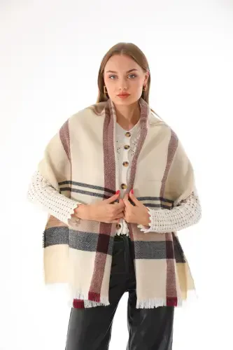 Women's Soft Textured Beige-Burgundy Plaid Scarf-Beige - RITAGARCIA (1)