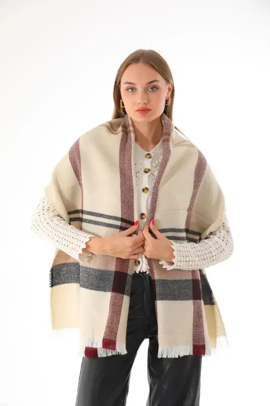 Women's Soft Textured Beige-Burgundy Plaid Scarf-Beige - 2