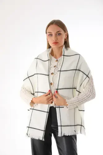 Women's Soft Textured Ecru-Black Plaid Scarf-Ecru - RITAGARCIA (1)