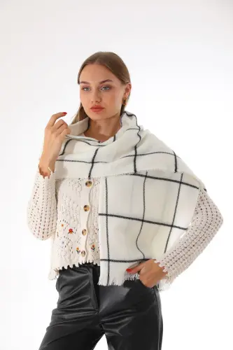 Women's Soft Textured Ecru-Black Plaid Scarf - Ecru-Black 