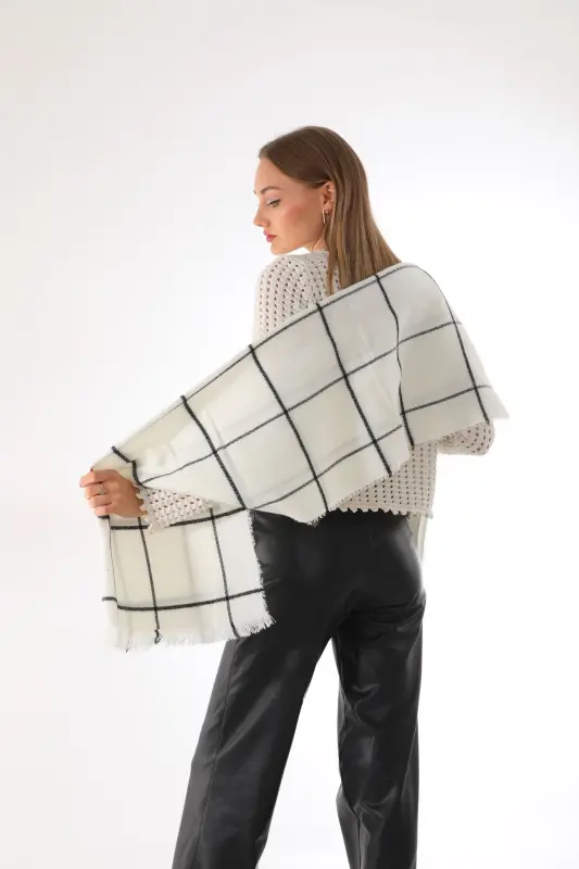 Women's Soft Textured Ecru-Black Plaid Scarf - Ecru-Black - 4