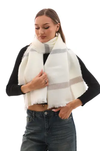 Women's Soft Textured Ecru-Gray Plaid Scarf - Ecru-Gray - 6