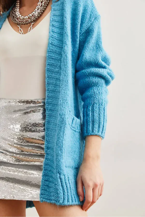 Women's Soft Textured Knit Cardigan with Blue Pockets HRK-19000324 - 5