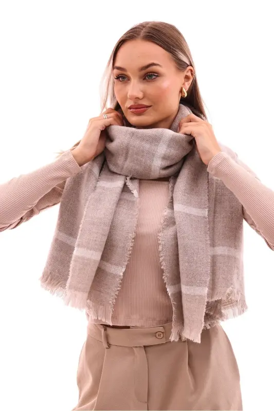 Women's Soft Textured Plaid Scarf - Beige-STONE - 3