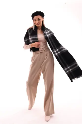 Women's Soft Textured Plaid Scarf - Black-Grey Striped 